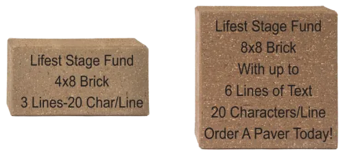 Lifest Stage Fund brick options: a 4×8 brick with 3 lines of text and an 8×8 brick with up to 6 lines, 20 characters per line