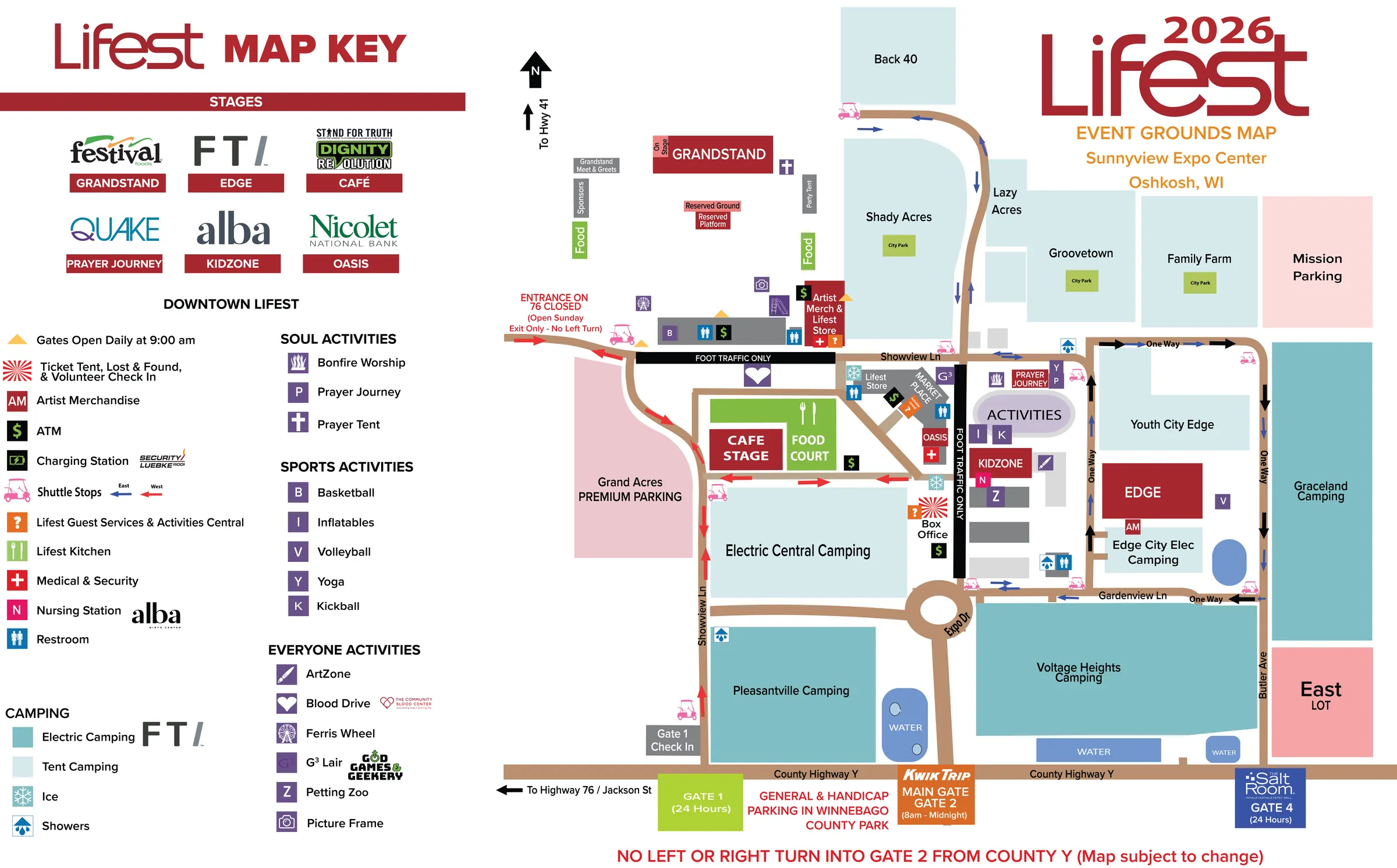 Lifest event grounds map showing the Grandstand, Edge, Café, KidZone and Oasis stages, Downtown Lifest, camping villages and gates 1 through 4